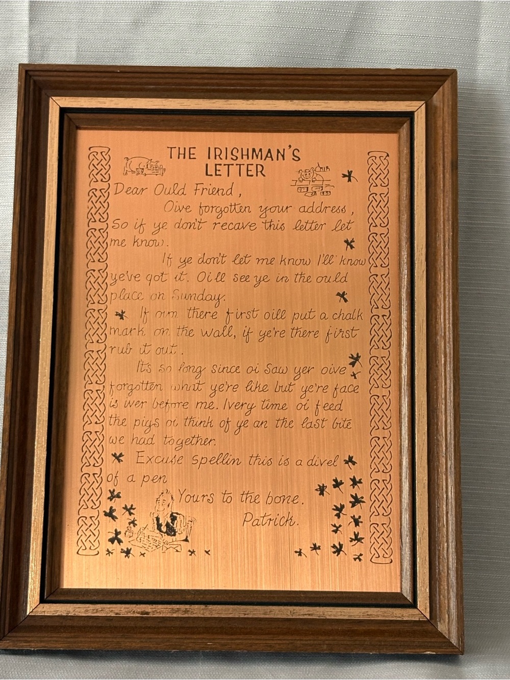 Vintage Framed Plaque "The Irishman's Letter" – Brown M114